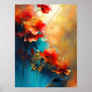 Poster Rouge Bleu Blanc Turquoise Fleurs de crème Belle