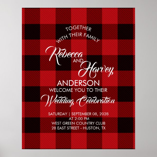 Poster rouge buffle plaid rustique mariage d'hiver bienve (Devant)