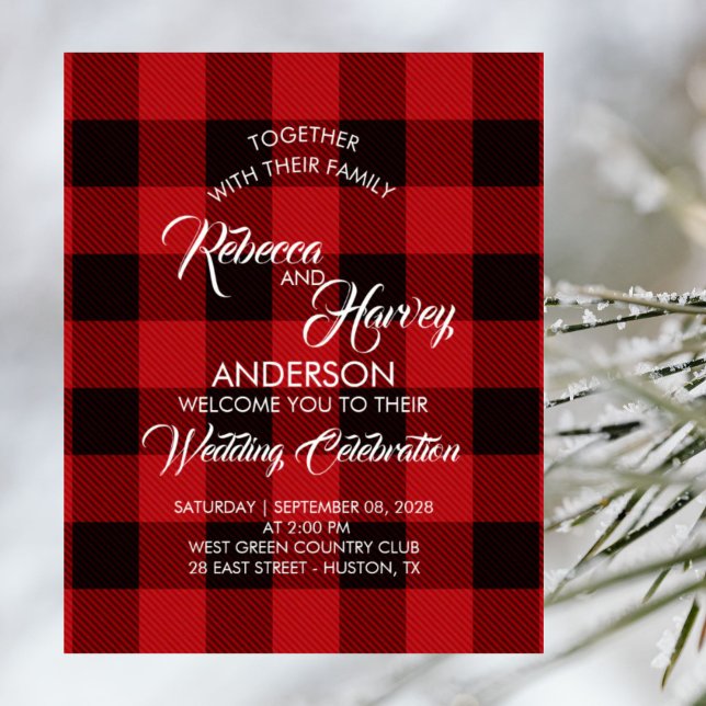 Poster rouge buffle plaid rustique mariage d'hiver bienve (red buffalo plaid rustic winter wedding welcome poster)