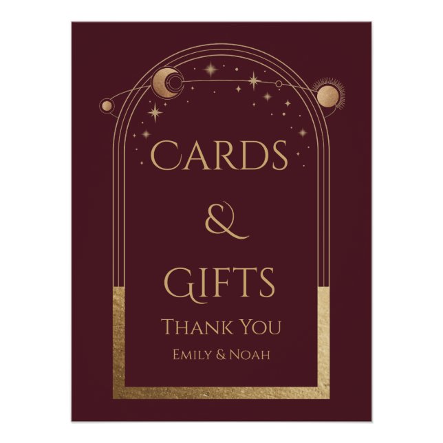 Poster Rouge Celeste Or Soleil Lune Stars Cartes et Cadea (Devant)