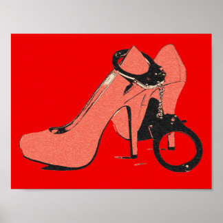 Poster Rouge et kinky, talons et menottes, artisanat sexy