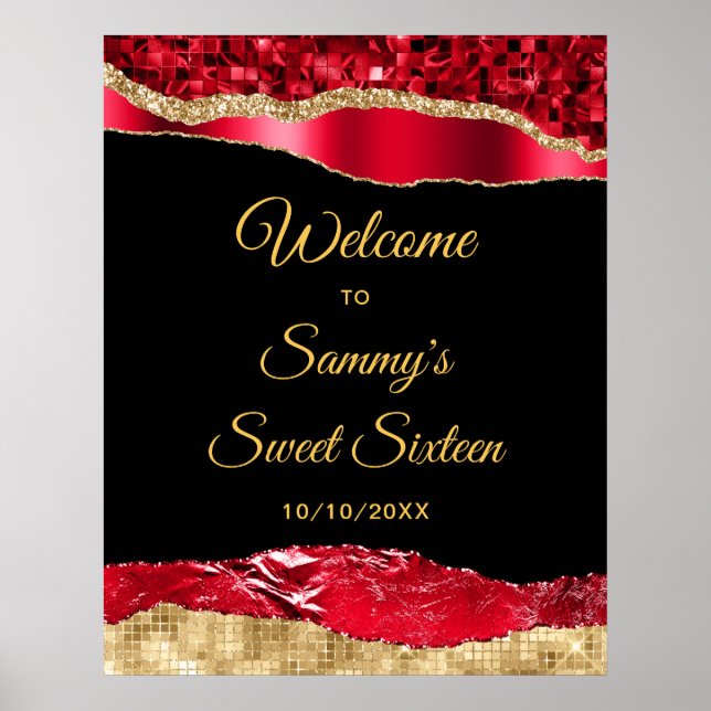 Poster Rouge et or Glam Tears Sweet sixteen Bienvenue (Devant)