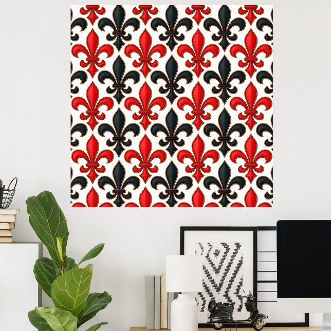 Poster Rouge noir baroque Fleur de lis Motif Design (Créateur téléchargé)