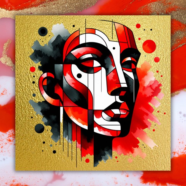 Poster Rouge, noir et blanc Abstrait Face sur or | (Créateur téléchargé)