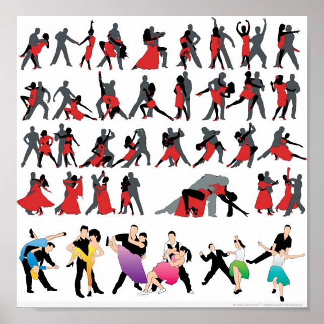 POSTER ROUGE NOIR SALLE DE BALLON DANSEURS COLORÉS DANSE  (Devant)