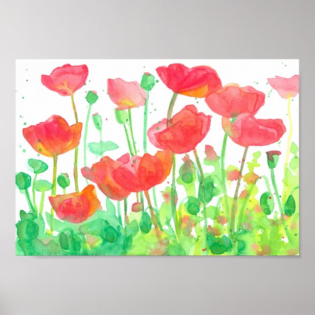 Poster Rouge Orange Poppies de champ Aquarelle (Devant)