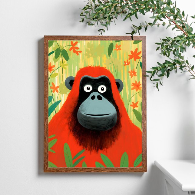 Poster Rouge Orangoutan Jungle Scène Enfants Art (Créateur téléchargé)