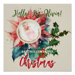 Poster Rouge Poinsettia Mistletoe Nom du bébé Photo Noël