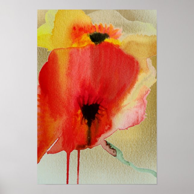 Poster Rouge Poppies fluide aquarelle moderne fleur (Devant)