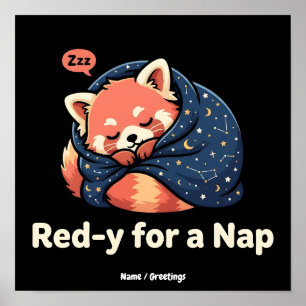 Poster Rouge Prêt à Faire un Petit Sommeil Panda Roux Kaw