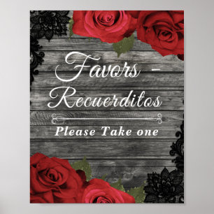 Poster Rouge Roses Rustique Noir Dentelle Mariage Faveur