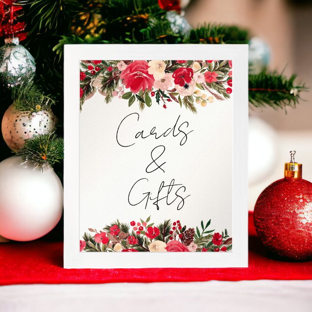 Poster Rouge rustique vert floral hiver Chic Mariage (Rustic Red green Floral Winter Chic Wedding sign)