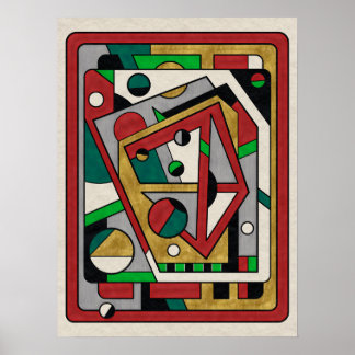 Poster Rouge Vert & Or Géométrique Abstrait