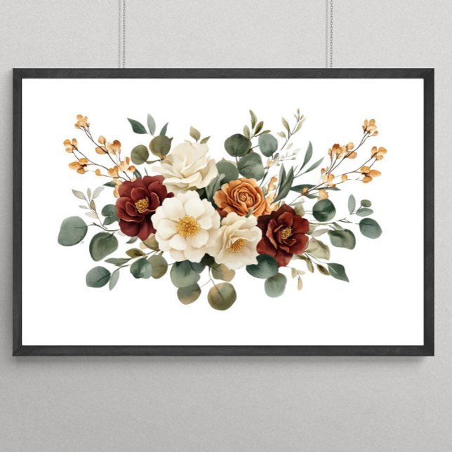 Poster Rouille Bourgogne Terracotta Crème Florales Botani (Burgundy Rust Cream Floral with Eucalyptus Wall Art)