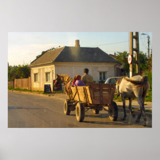 Poster Roumanie, transport, charrette de ferme à cheval