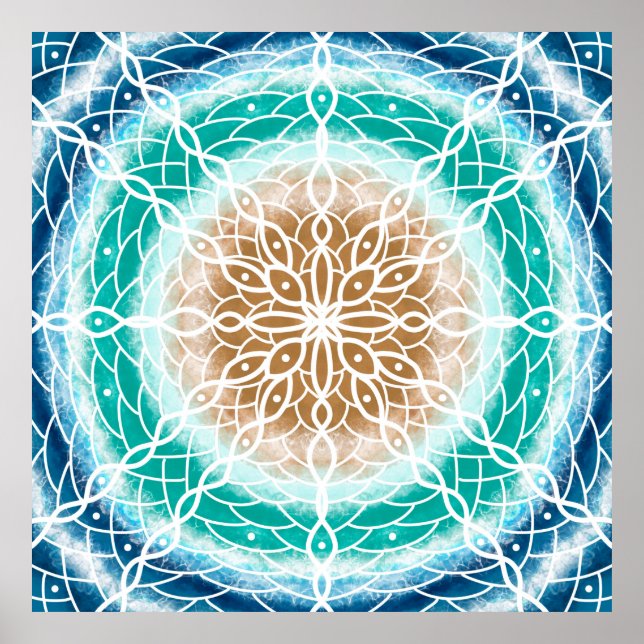 Poster Round Ocean Waves Mandala Turquoise et Turquoise (Devant)