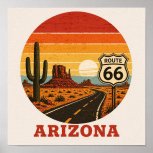 Poster Route 66 Cactus du désert d'Arizona au coucher du