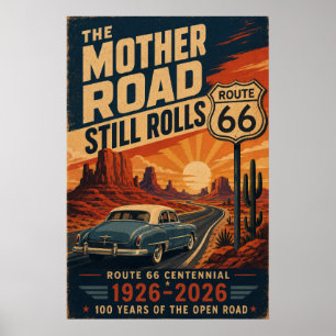 Poster Route 66 Centenaire Blue Voiture Classique Route d