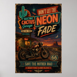Poster Route 66 néon vintage Garage Moto Americana