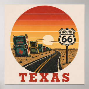 Poster Route 66 Texas Cadillac Désert Coucher de soleil