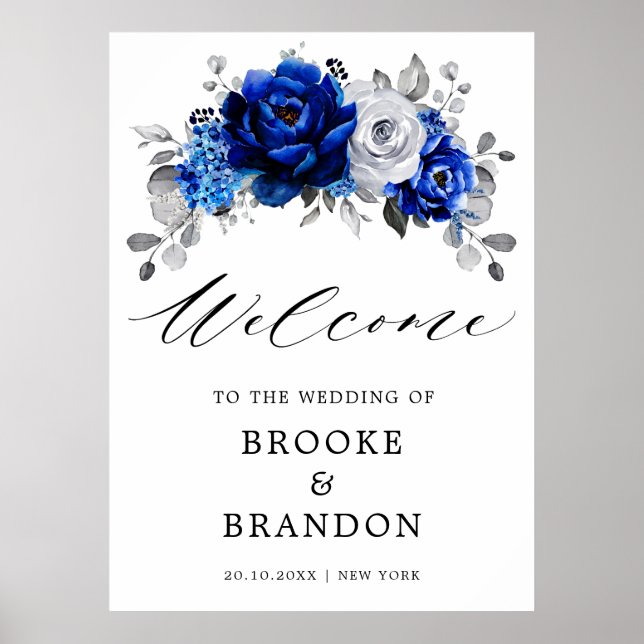 Poster Royal Bleu Blanc Argent Floral Mariage Bienvenue (Devant)