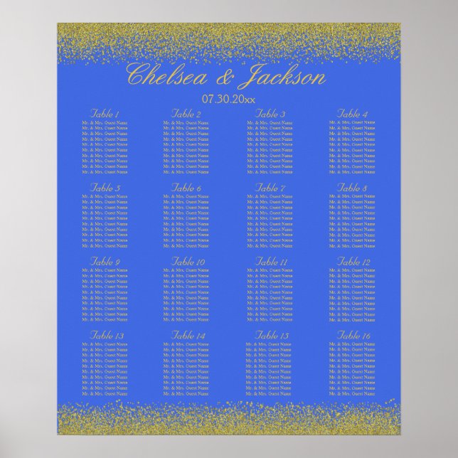 Poster Royal Blue and Gold Confetti - 16 Seating Chart (Devant)
