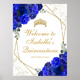 Poster Royal Blue and Gold Floral Quinceanera Bienvenue