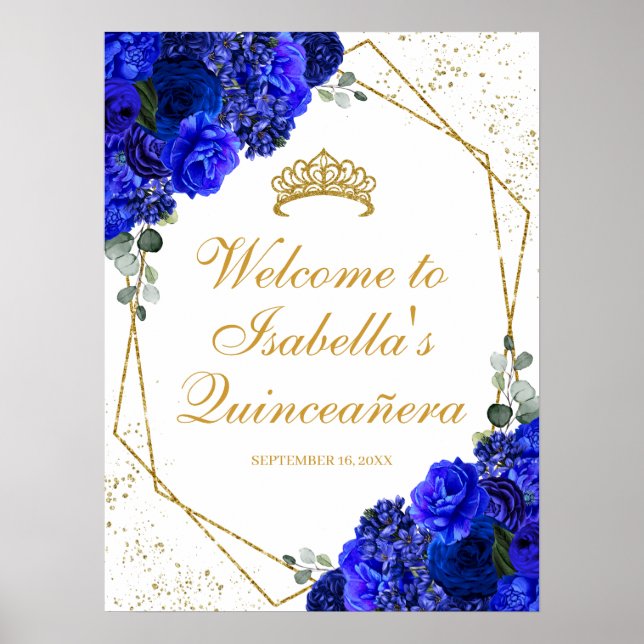 Poster Royal Blue and Gold Floral Quinceanera Bienvenue (Devant)
