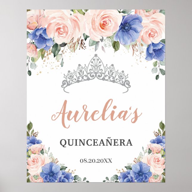 Poster Royal Blue Blush Floral Quinceañera Tiara Bienvenu (Devant)