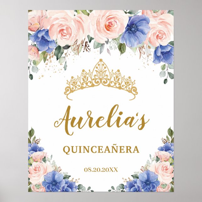 Poster Royal Blue Blush Floral Quinceañera Tiara Bienvenu (Devant)