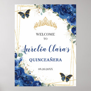 Poster Royal Blue Floral Papillons Quinceanera Bienvenue
