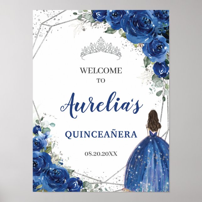 Poster Royal Blue Floral Rose Silver Quinceañera Bienvenu (Devant)