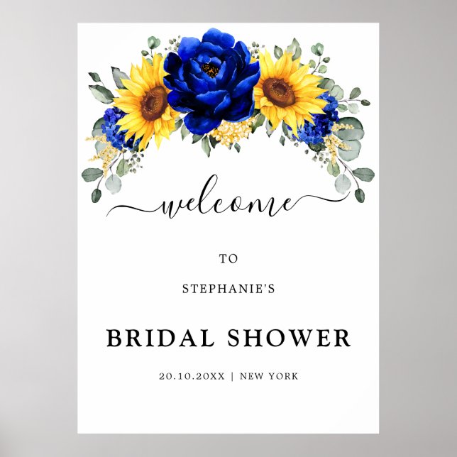 Poster Royal Blue Rustic Sunflower Fête des mariées Bienv (Devant)