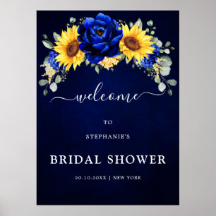 Poster Royal Blue Rustic Sunflower Fête des mariées Bienv