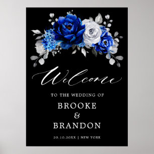 Poster Royal Blue White Argent Floral Mariage Bienvenue P