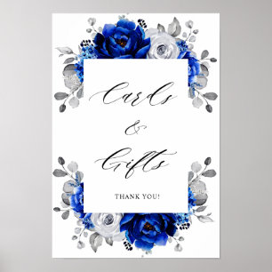 Poster Royal Blue White Silver Floral Cartes & Cadeaux