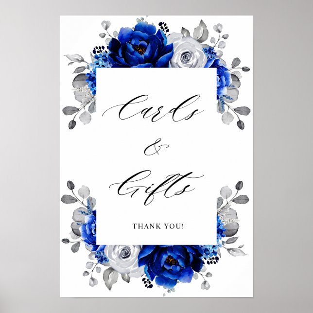Poster Royal Blue White Silver Floral Cartes & Cadeaux (Devant)