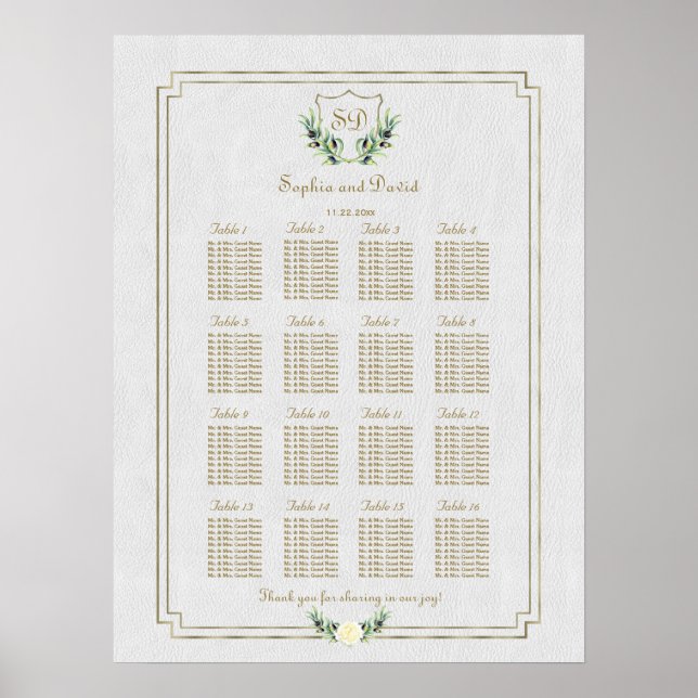 Poster Royal Gold Crest Lush Greenery Seating Chart (Devant)