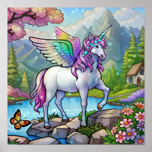 Poster Royaume de conte de fées licorne arc-en-ciel magiq