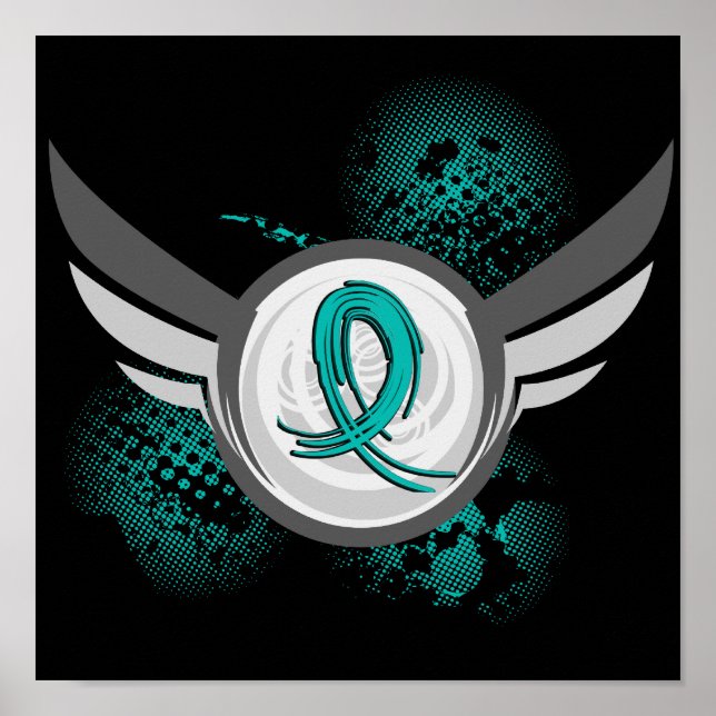 Poster Ruban turquoise Et Ailes Cancer De L'Ovarien (Devant)