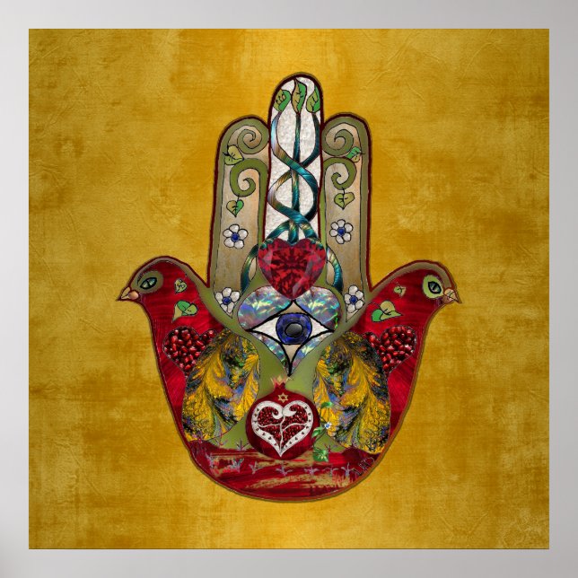 Poster Ruby Pomegranate Heart Red Bird Hamsa (Devant)