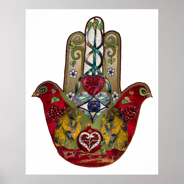 Poster Ruby Pomegranate Heart Red Bird Hamsa (Devant)