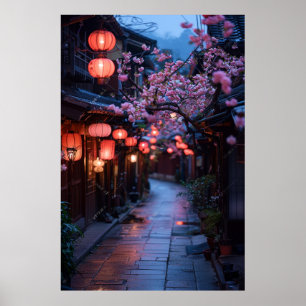 Poster Rue de Kyoto au Crépuscule – Lanterne Art Japonais