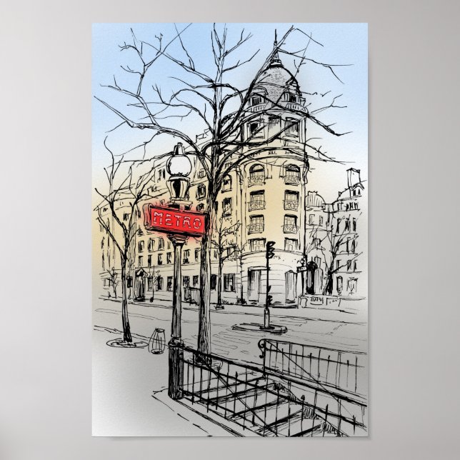 Poster Rue de Paris dessin à l'encre de couleur dessinée  (Devant)