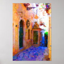 Rue étroite à Taormina Italie Jaune violet Art
