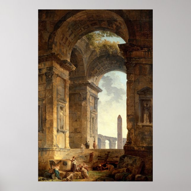 Poster Ruines avec un obélisque par Robert Hubert (Devant)