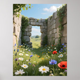 Poster Ruines de mur de pierre Prairie Fleurs Art