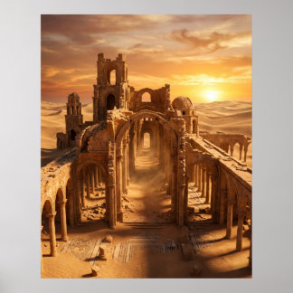 Poster Ruines du palais du désert au coucher du soleil