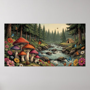 Poster Ruisseau capricieux de la forêt avec champignons,