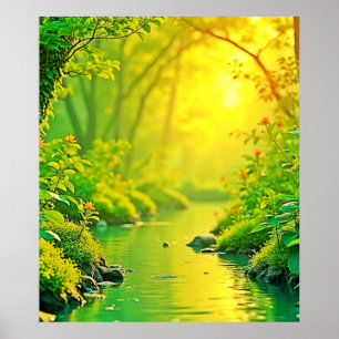 Poster Ruisseau de forêt dorée Art paisible